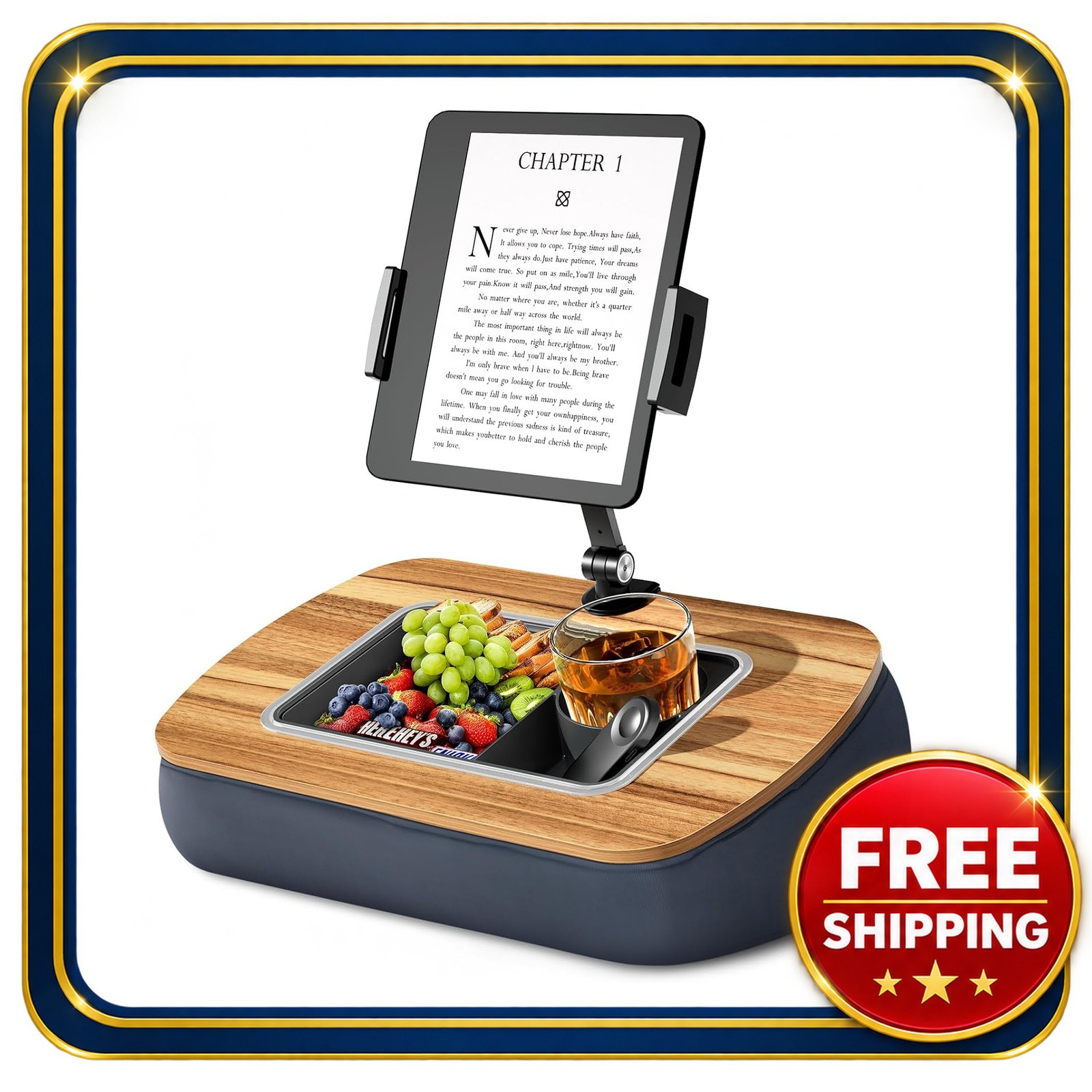 Tablet Pillow Stand with Adjustable Arm and Snack Bowl for Kindle iPad