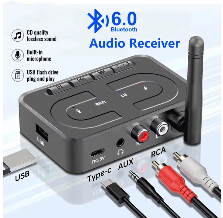Bluetooth 6.0 Audio Receiver RCA 3.5mm AUX USB WiFi Wireless Adapter TF Card