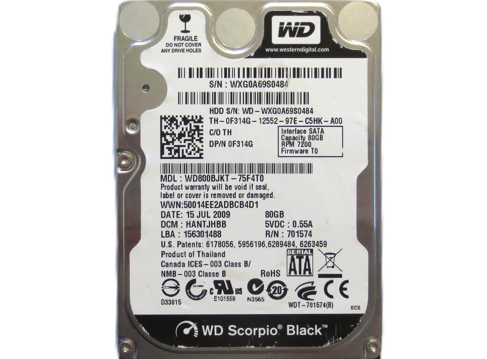 WD800BJKT-75F4T0 HANTJHBB (WXG0) Thailand 2.5" 80gb Sata HDD 15JUL2009