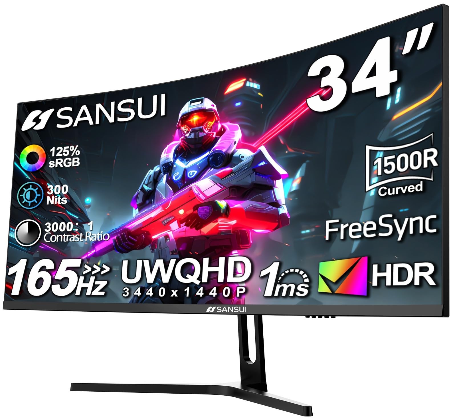 SANSUI 34-Inch Curved Gaming Monitor UWQHD 3440 x 1440 Up to 165Hz Curved 150...