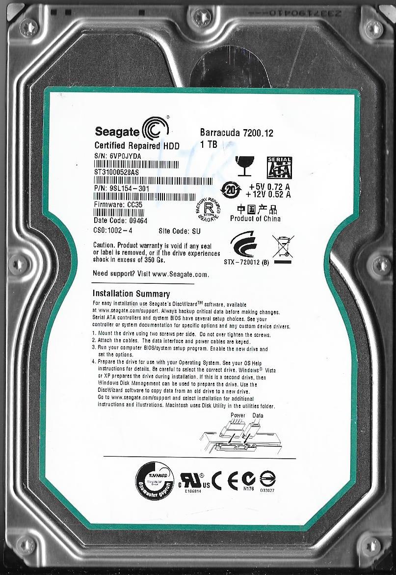 SEAGATE BARRACUDA ST31000528AS 1TB SATA HARD DRIVE P/N: 9SL154-301  6VP  SU