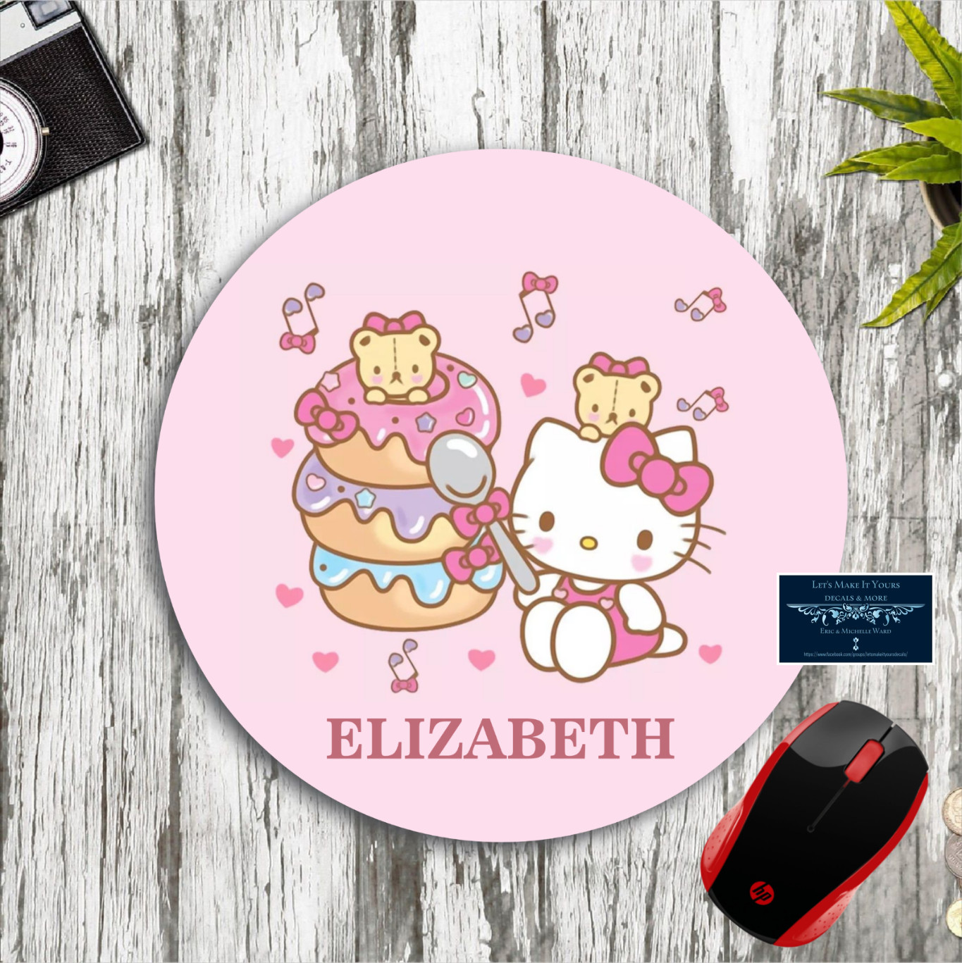 HELLO KITTY DONUTS PERSONALIZED W/ NAME CUSTOM ROUND PC DESK MAT MOUSE PAD