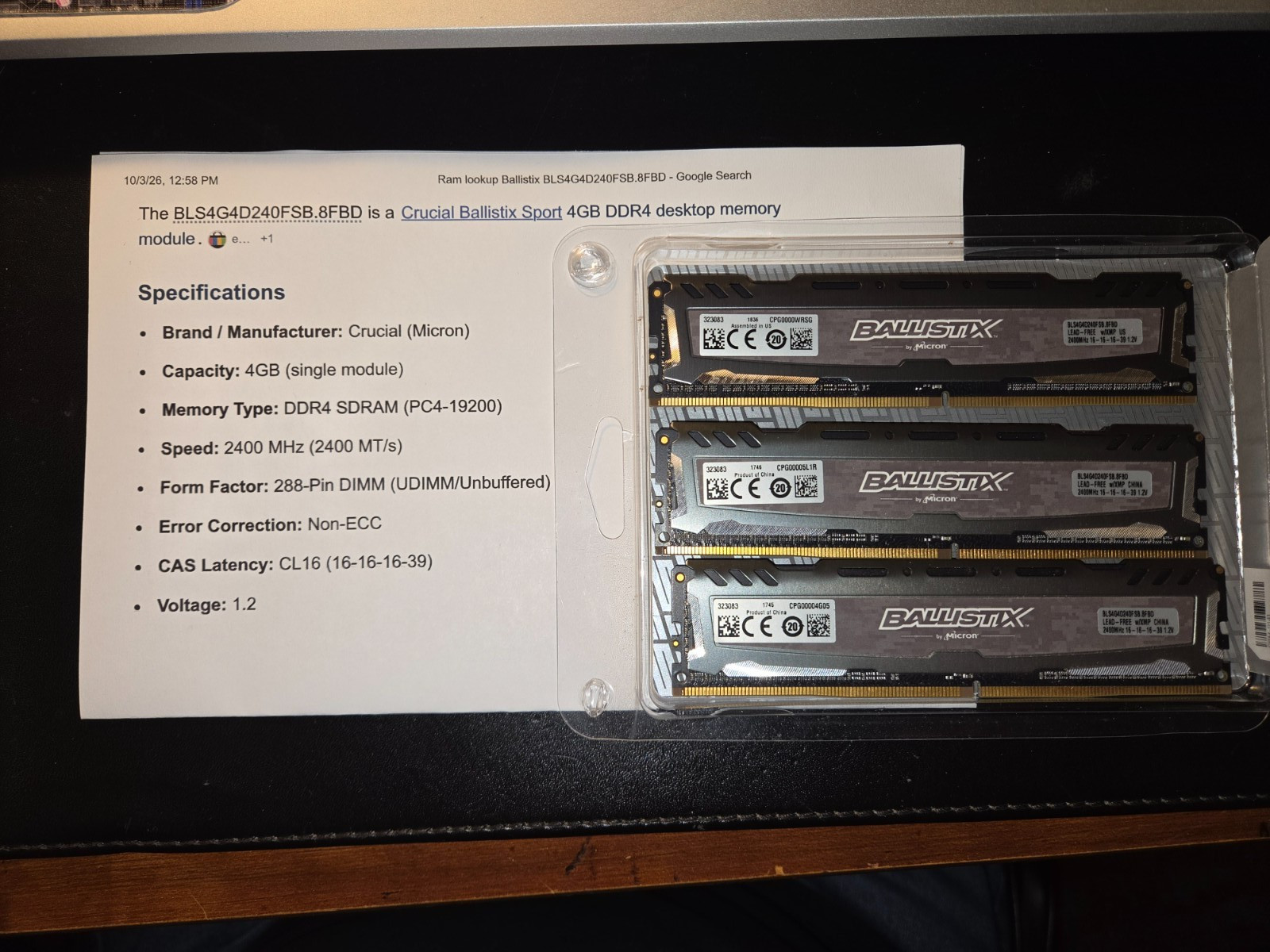 Ballistix sport 4GB DDR4 X3 Total 12GB of Desktop memory UDIMM/Unbuffered