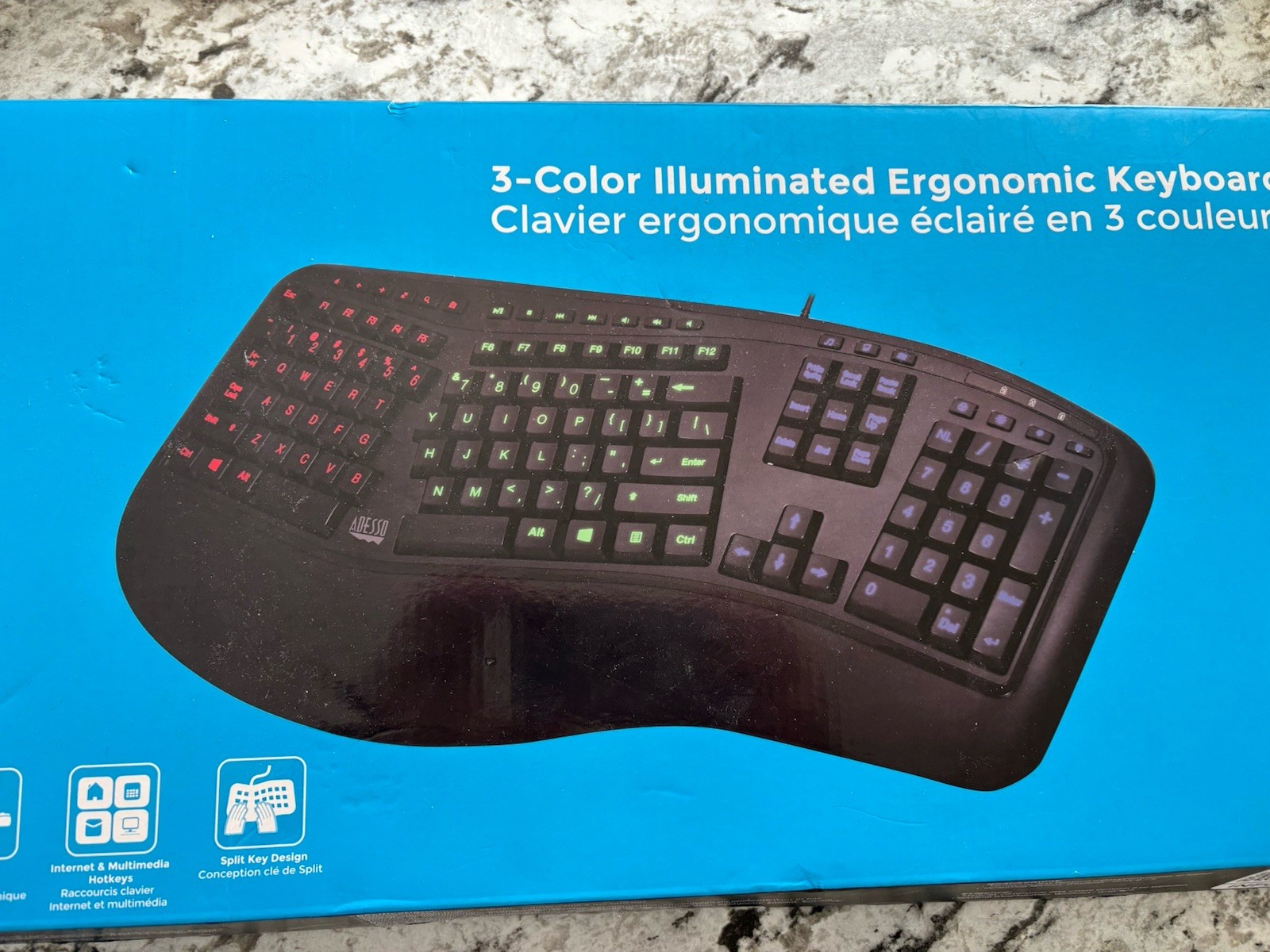 Adesso Tru-Form 150 3-Color Illuminated USB Ergonomic Keyboard AKB-150EB