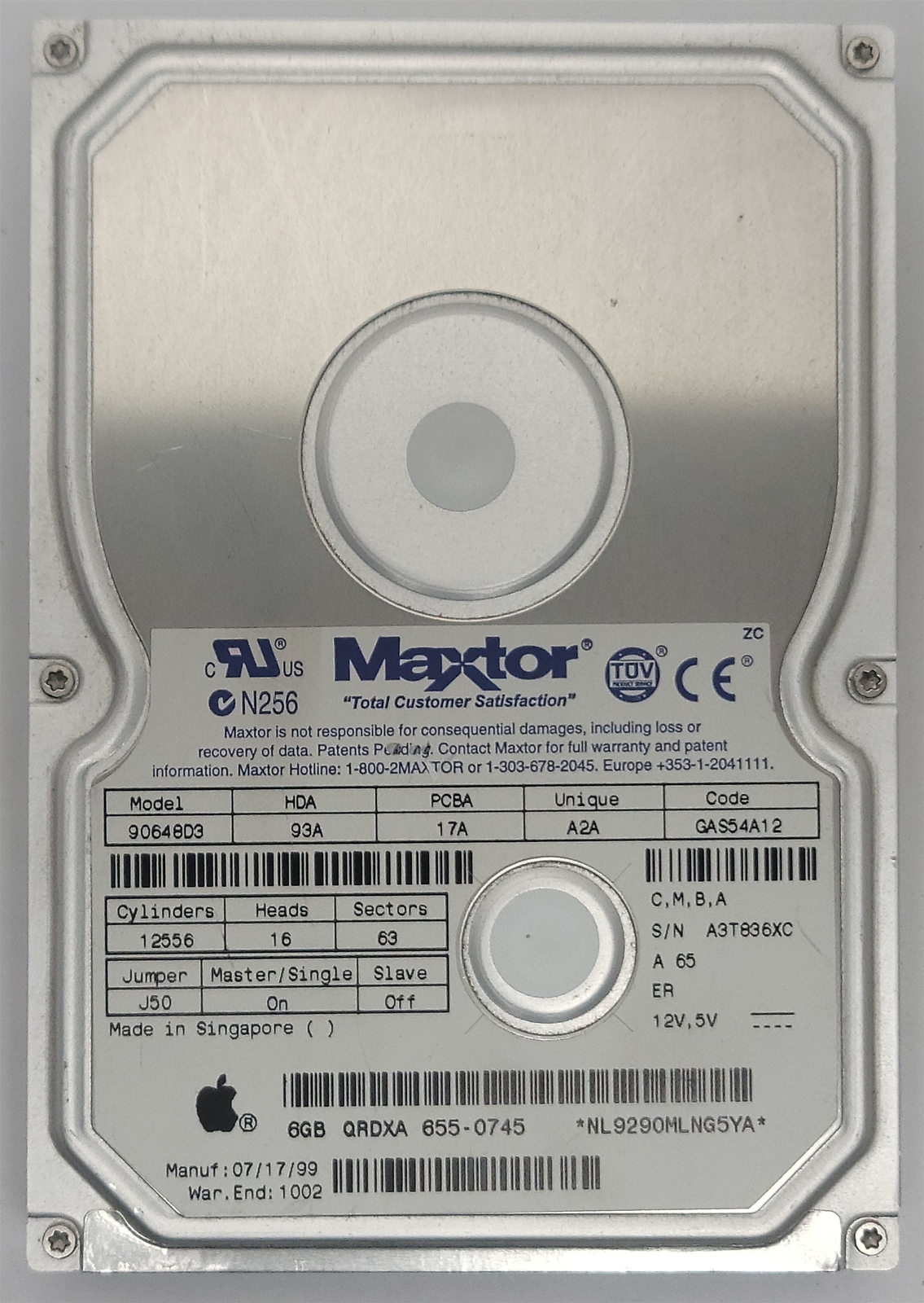 Maxtor Apple 90648D3 QRDXA HDD, 6.4 GB , IDE/ATA/ATAPI-4 - Tested w/pics