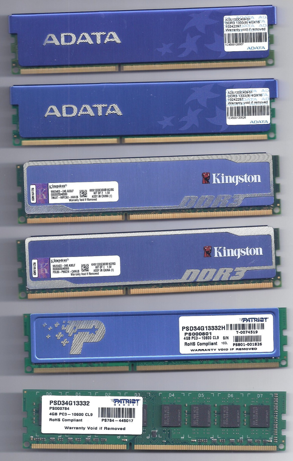 3 sets (2x4GB) DDR3, PC3  1333MHz, Tested (2 ADATA, 2 Kingston, 2 Patriot)