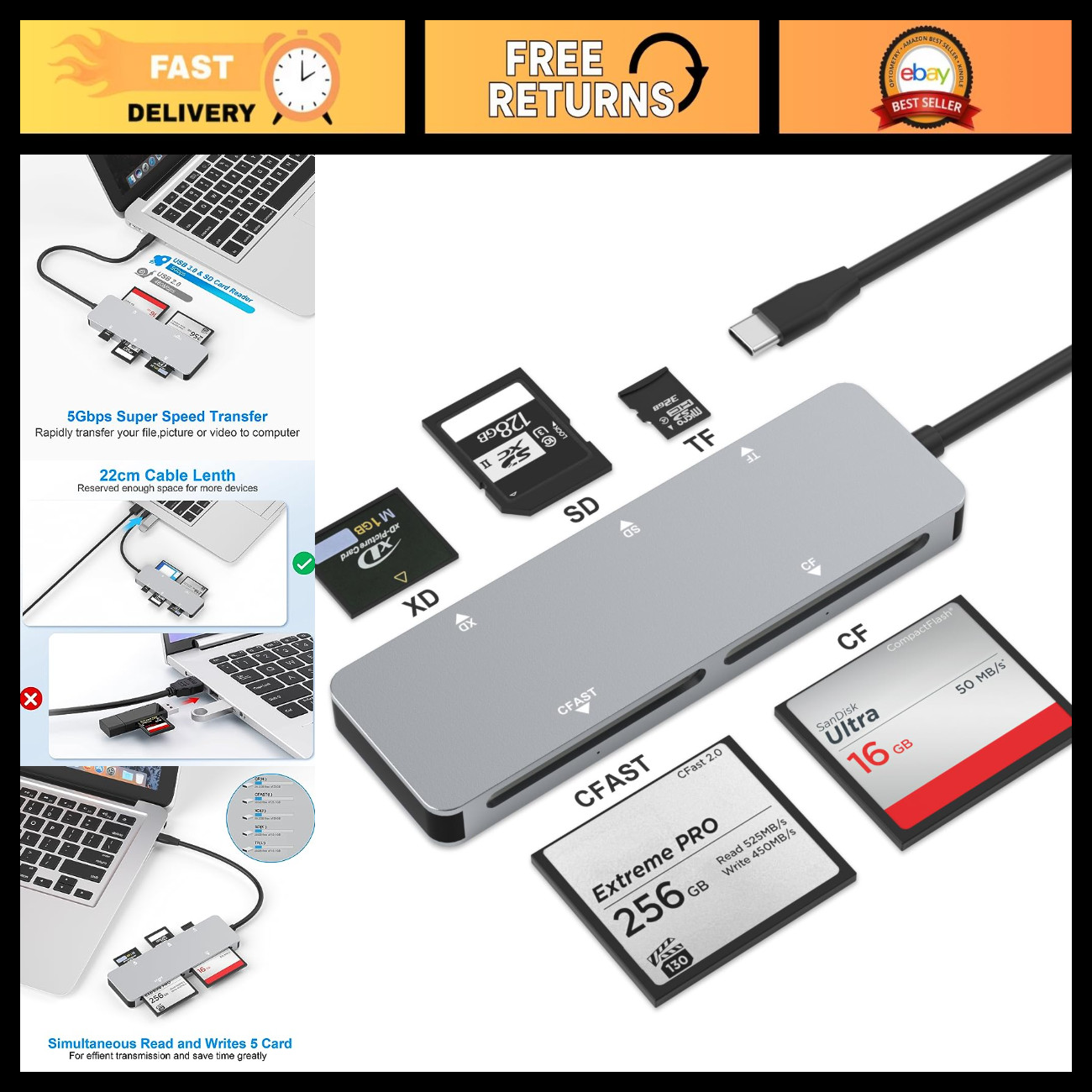 5-in-1 CFast Card Reader USB C - 5Gbps Memory Card Adapter for CF/SD/TF/XD