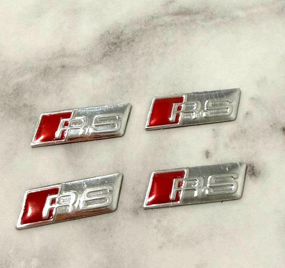 4Pcs Aluminum Emblem Sticker for RS Line, Silver & Red, Small 1" x 0.35"