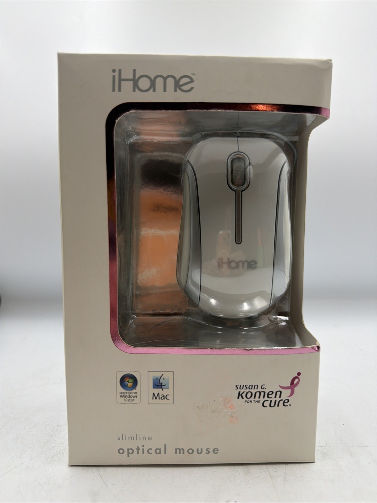 iHome Wireless Laser Notebook Mouse Susan G. Komen White & Silver NIB BIN06