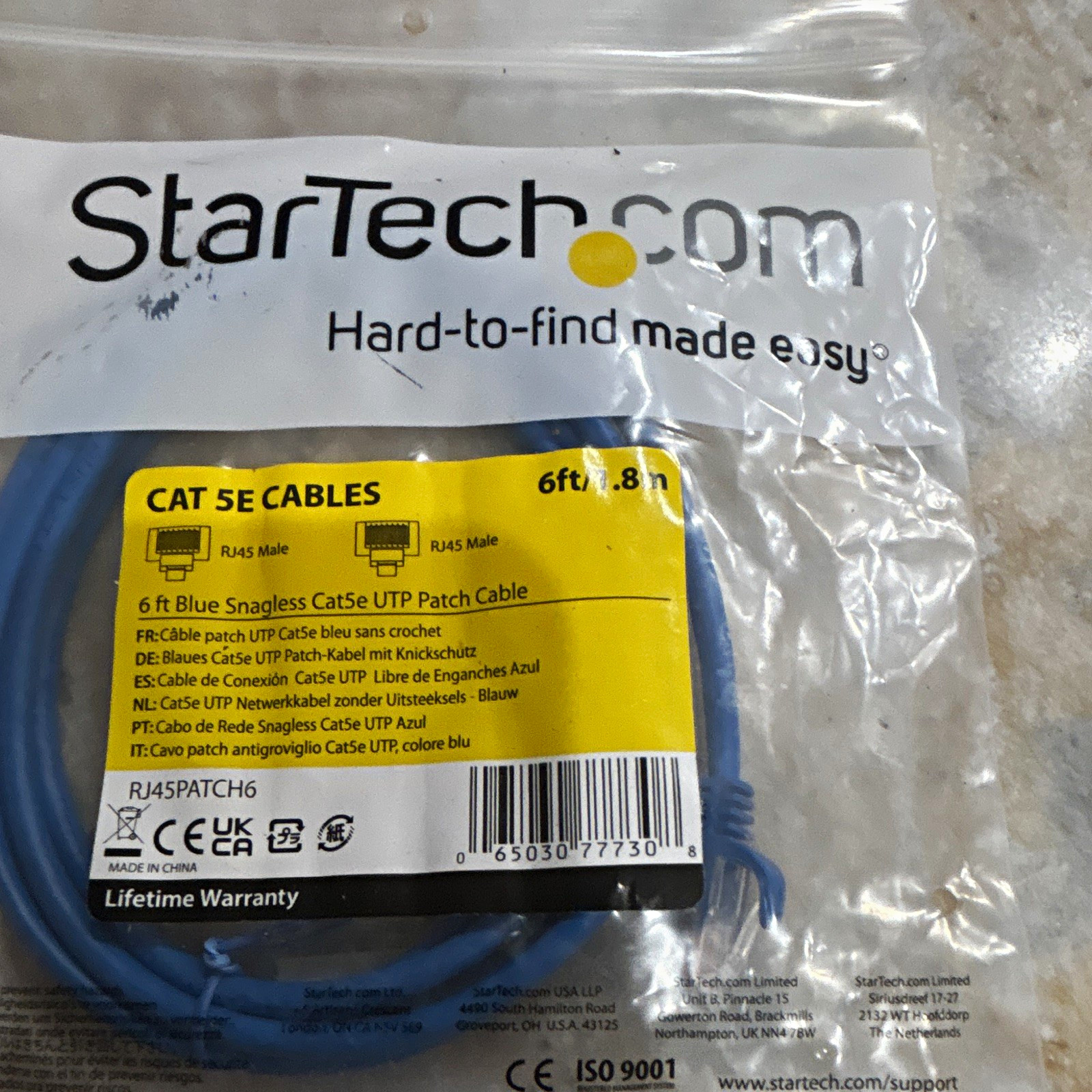 StarTech.com Cat5e Snagless UTP RJ-45 Patch Cable 6 ft Blue RJ45PATCH6