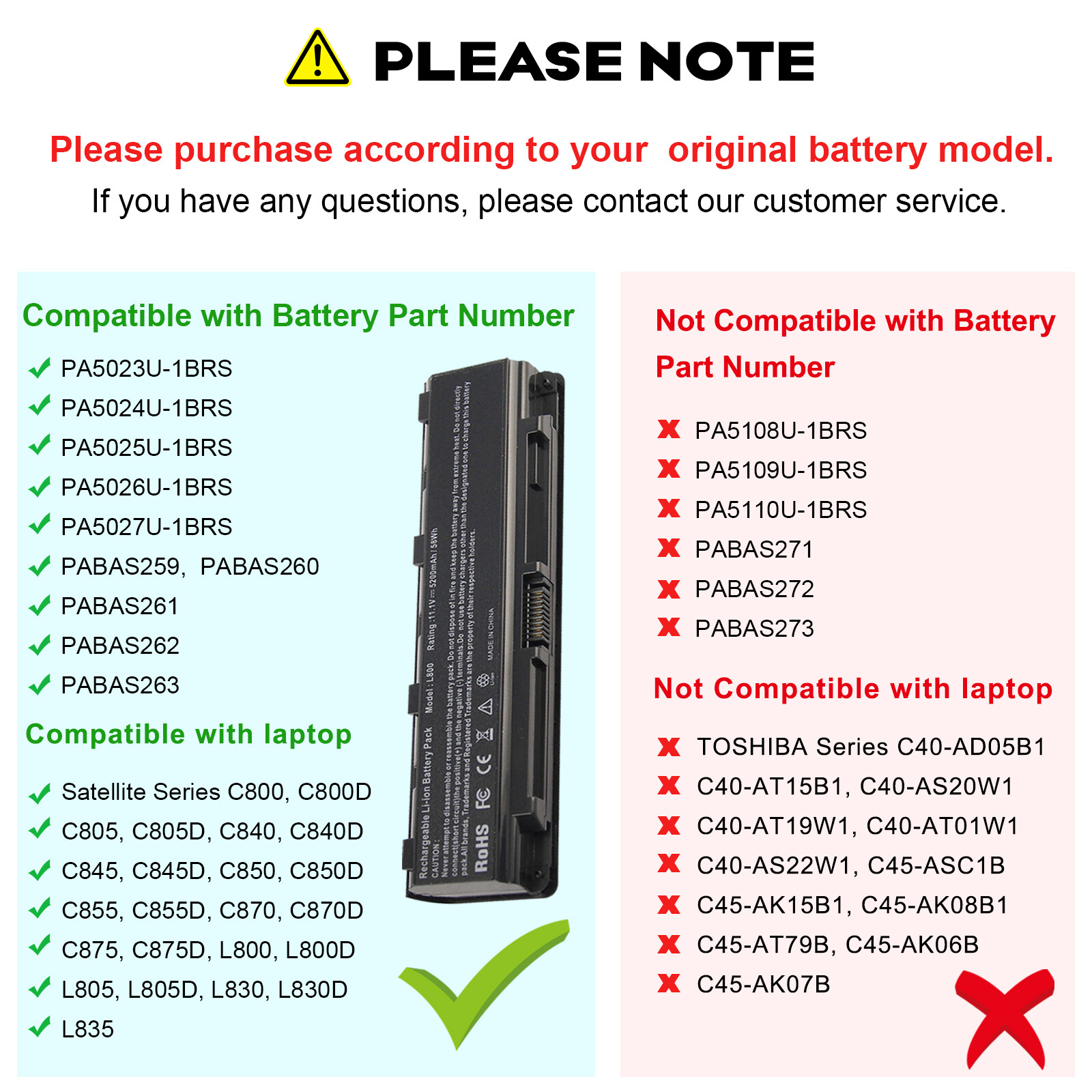 PA5024U-1BRS Notebook Battery For Toshiba Satellite C850 PABAS260 PA5026U-1BRS