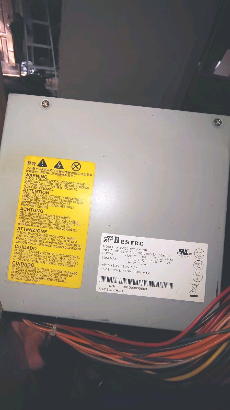Bestec ATX-300-12E Rev:DR 300W ATX Power Supply, 20 Pin, SATA, 4 Pin, Floppy