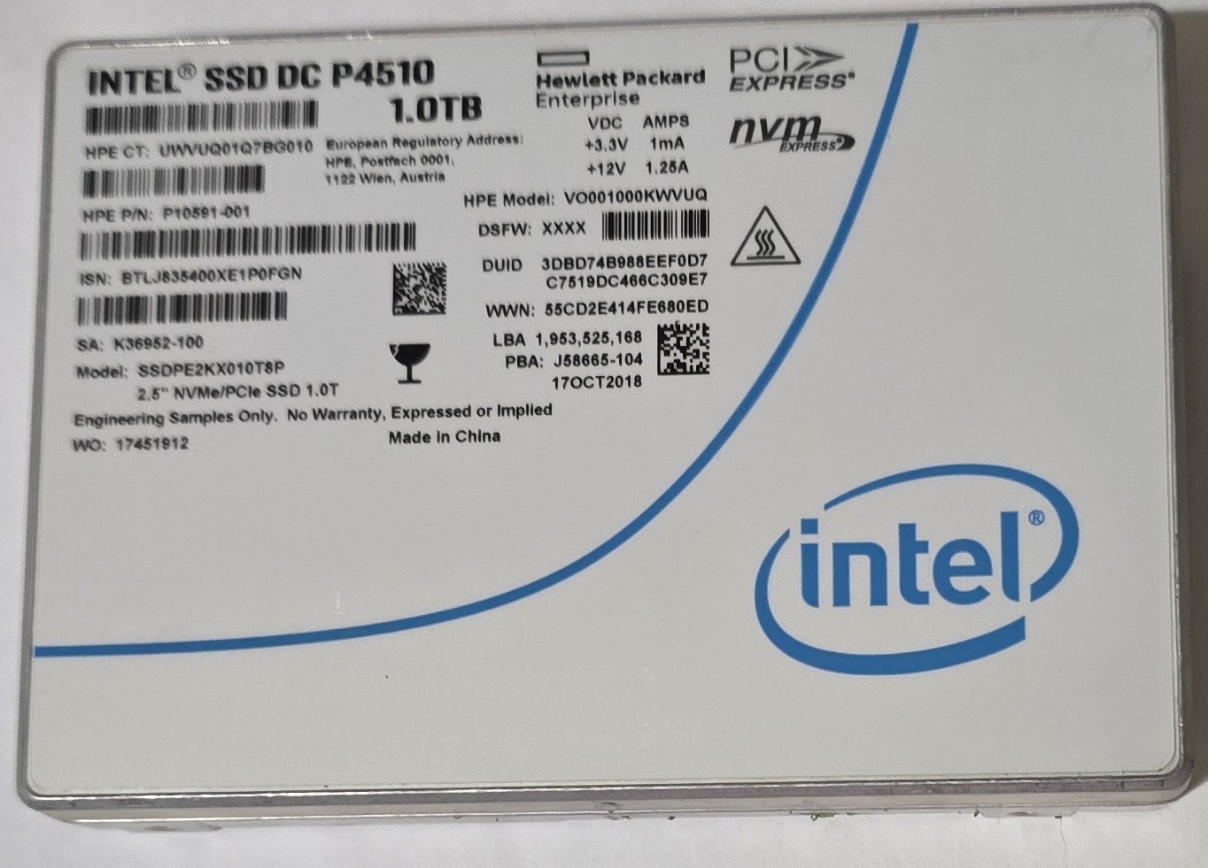 1TB HPE VO001000KWVUQ/SSDPE2KX010T8P DC P4510 NVMe U.2 SSD 2.5" ES
