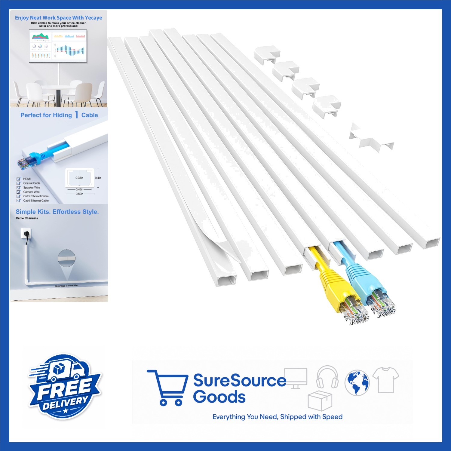 113in Cord Hider Wall Concealer for Cables 8-Piece Kit Self-Adhesive White