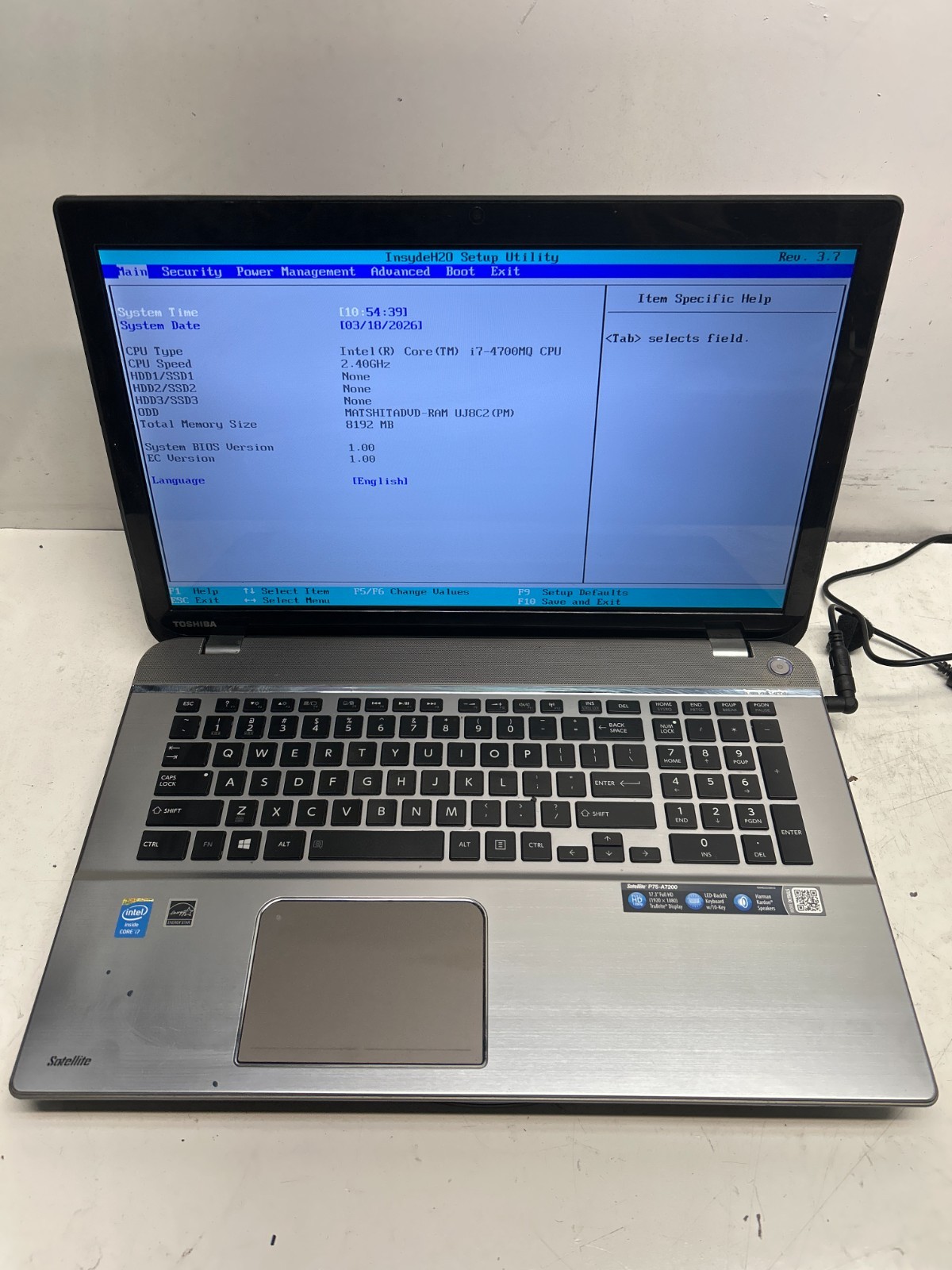 Toshiba Satellite P75-A7200 Intel i7-4700MQ 2.40GHz 8GB NO HDD