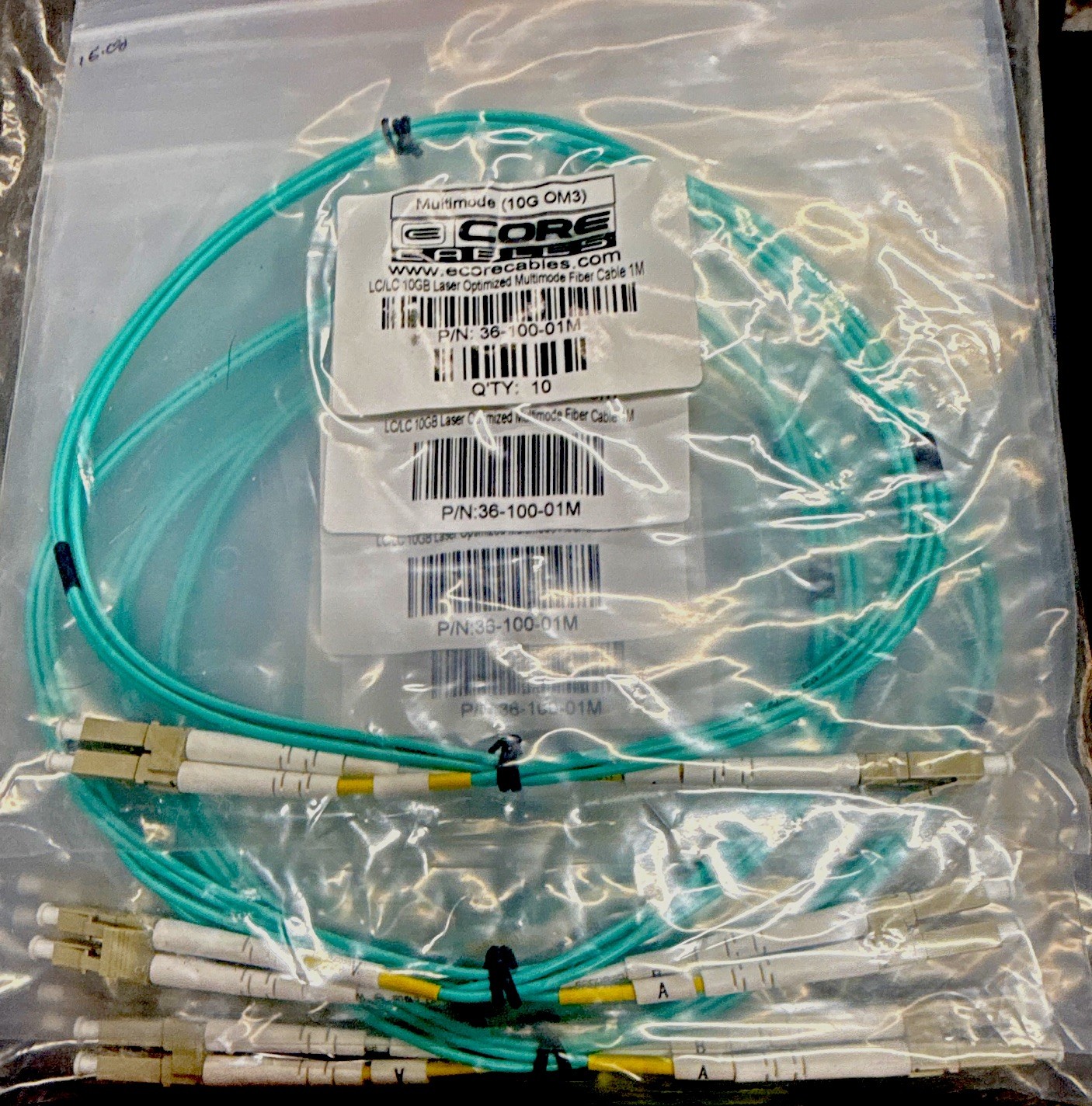 QTY of 10 Core Cables Duplex Fiber Optic Patch LC-LC Aqua OM3 10G 1m 36-100-01M