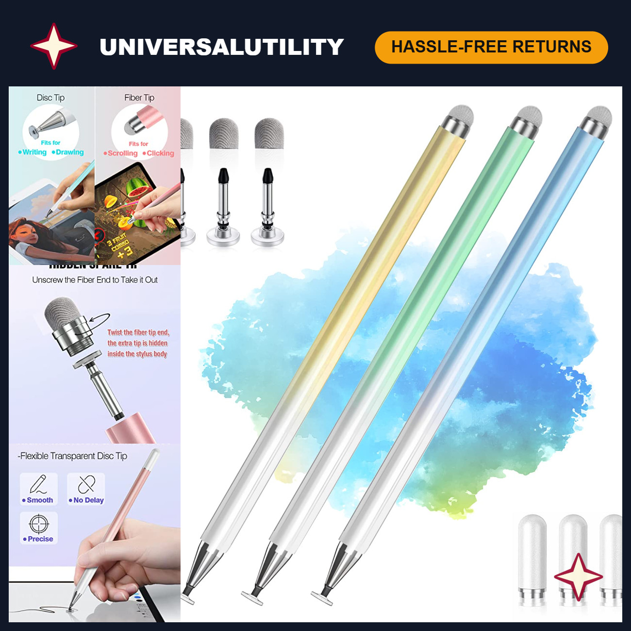 2-in-1 High Precision Stylus Pens for Touch Screens - 3 Pack (Blue, Green, Yello