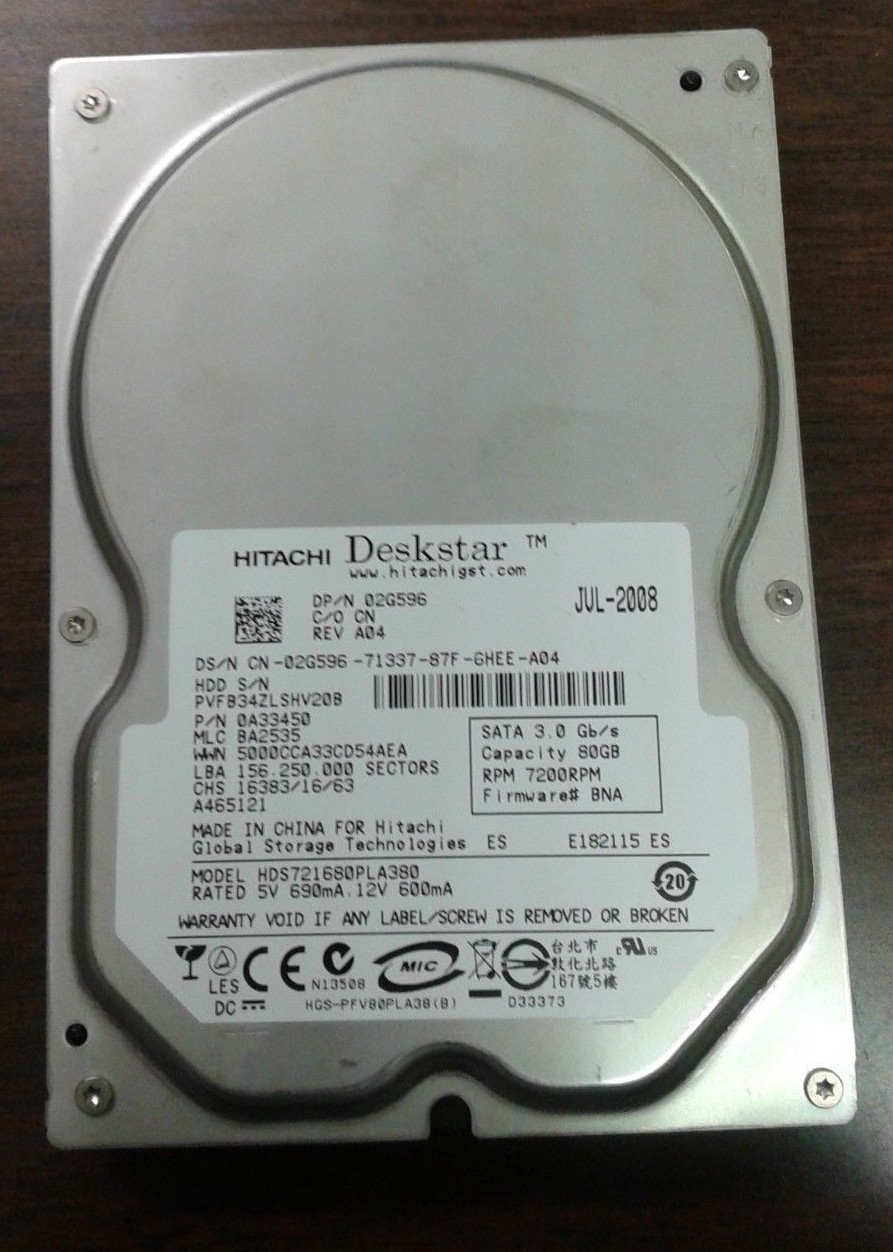 Hitachi Deskstar 80GB SATA 3.5 HDS721680PLA380 PN 0A33450 MLC BA2535 Hard Drive