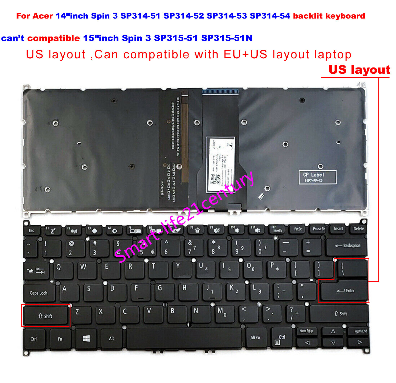 New US Keyboard backlit for Acer Spin 3 SP314-51 SP314-52 SP314-53N SP314-54N
