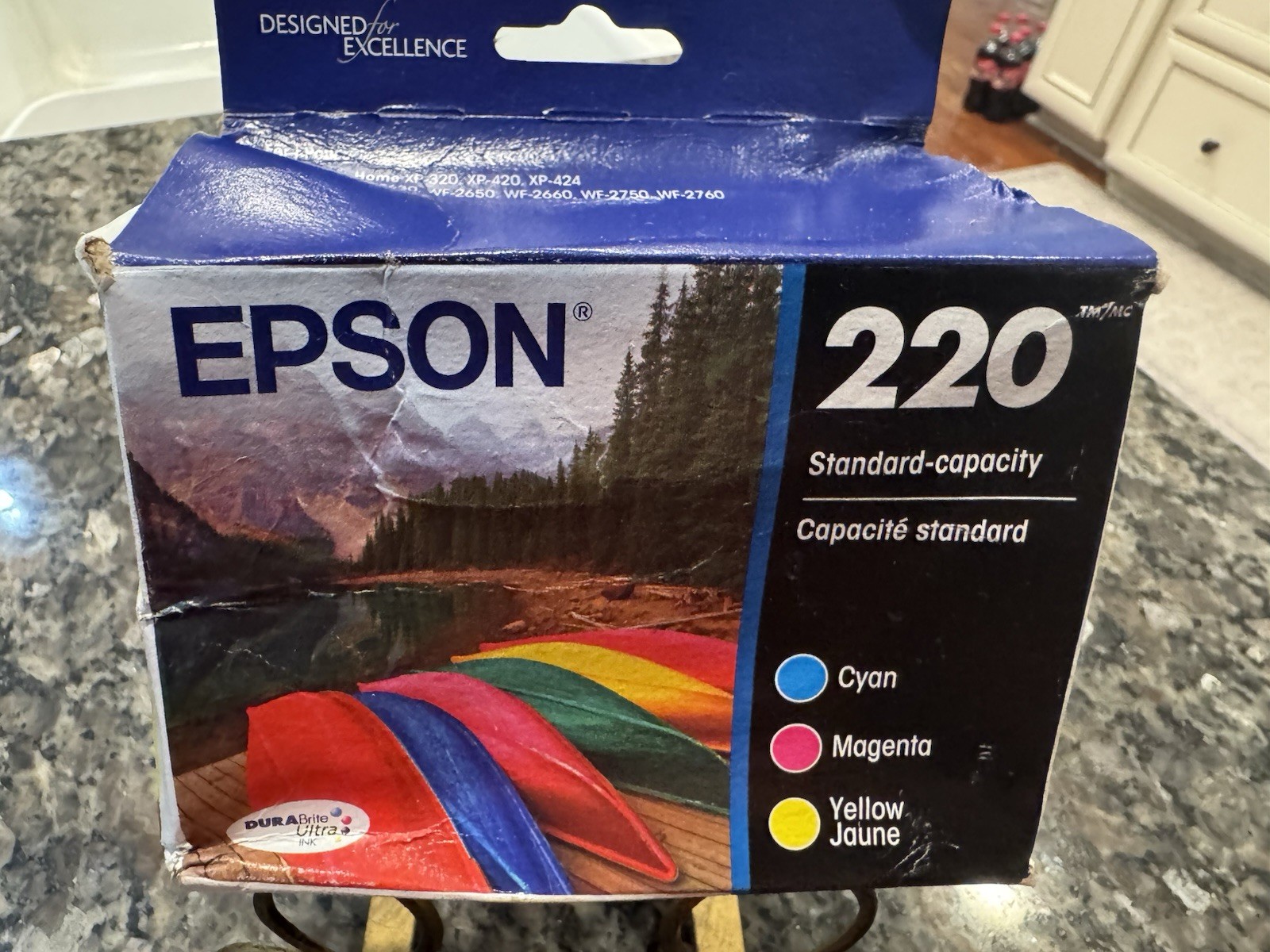 Epson 220 Standard Capacity Cyan Magenta Yellow Ink Cartridge Inkjet box damaged