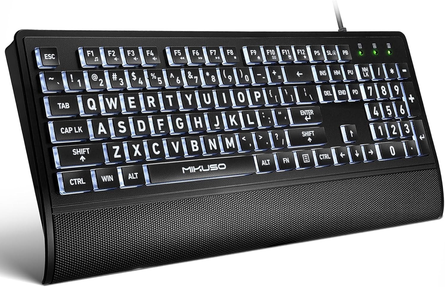 Mikuso 104-Key Large Font Wired Thru-Lit (TM) Keyboard w/ Wrist Rest & Silicone