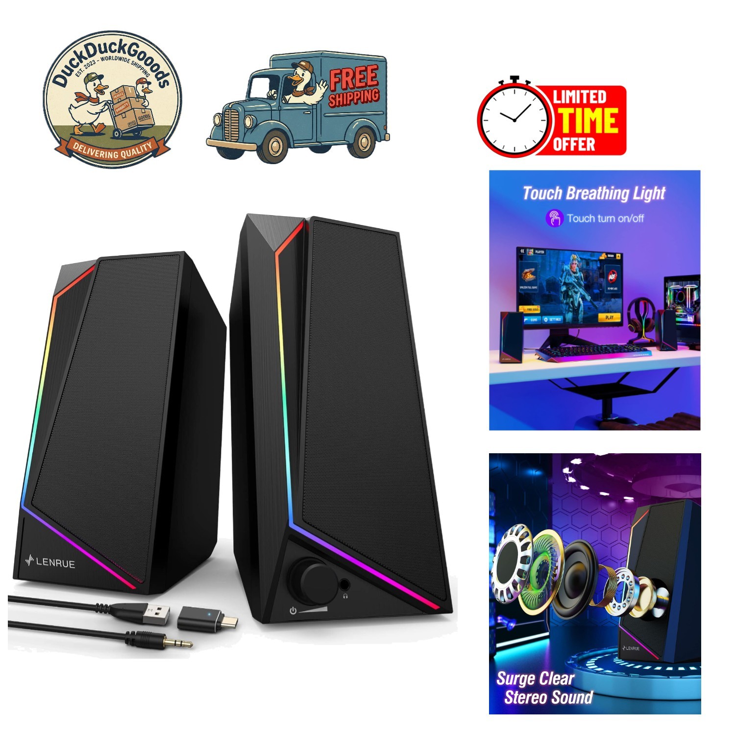 Multi-Compatibility Black Computer Speakers with Long Cable and Headphone Jack
