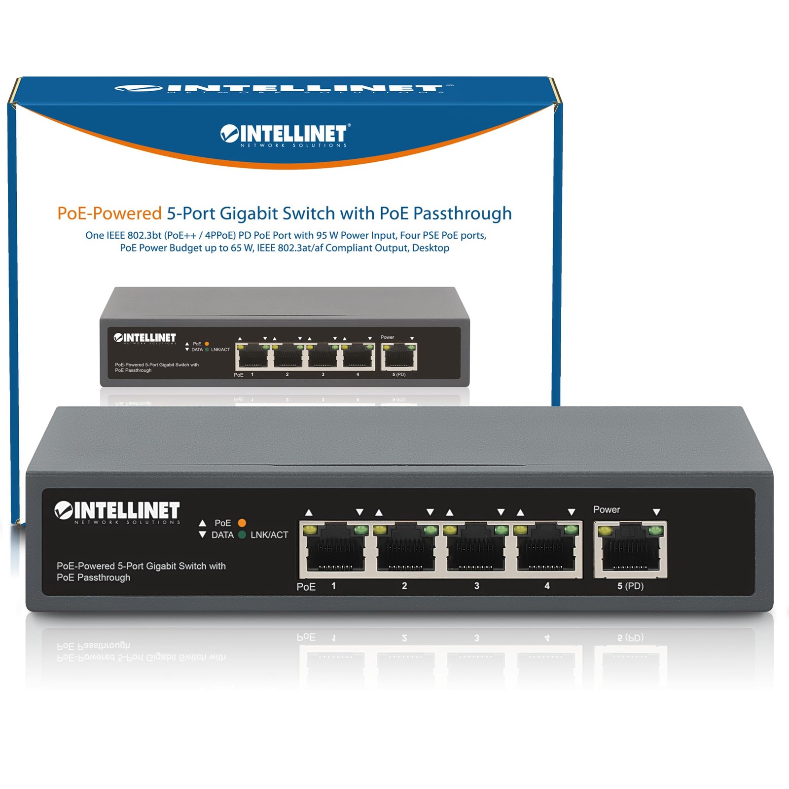 Intellinet PoE-Powered 5 Port Gigabit Switch with PoE Passthrough – IEEE 802....