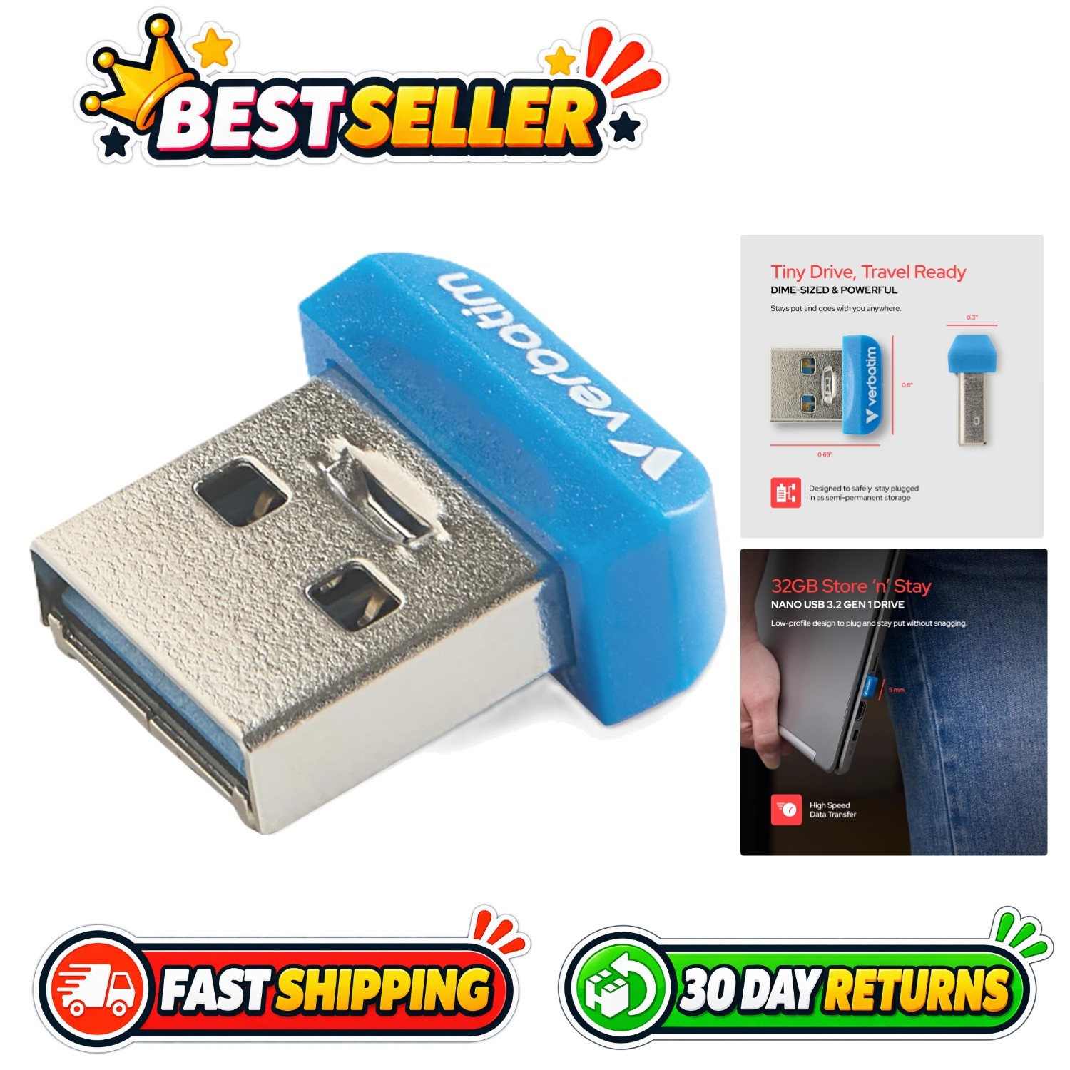32GB USB 3.2 Nano Flash Drive - Compact, Snag-Free, Fast Data Storage