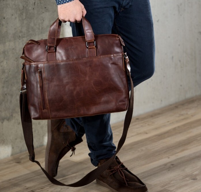 Baccini Brand Genuine Italian Leather Crossbody Laptop Bag, Cognac 