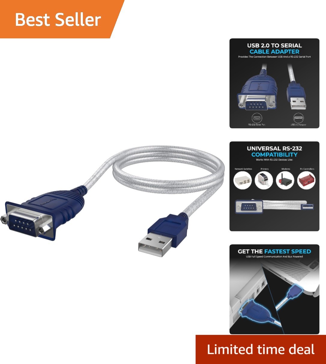 High-Speed USB to Serial 9 Pin DB-9 Converter Cable - 2.5ft, Multiple OS Support