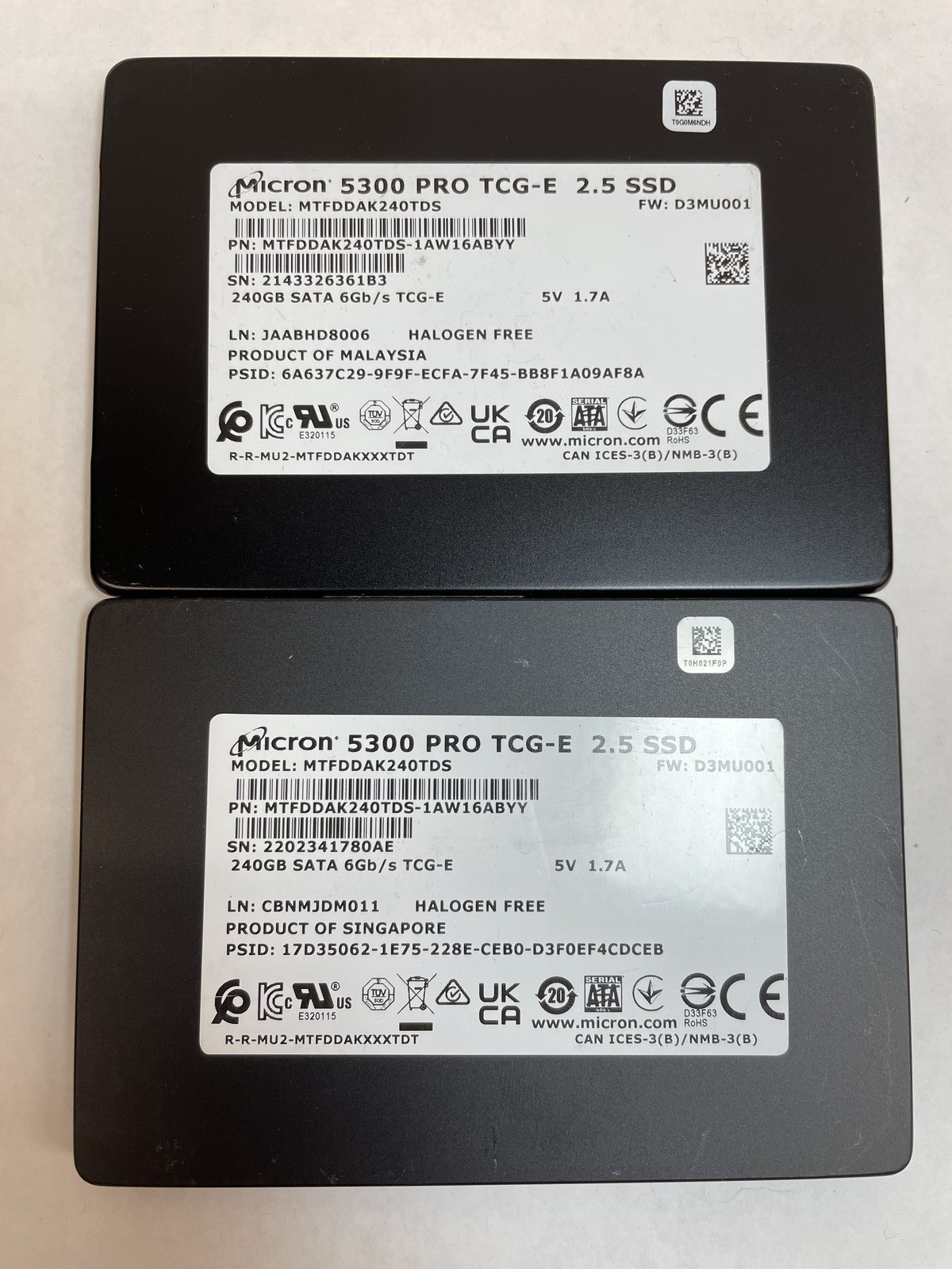 Lot of 2 Micron 5300 PRO 240GB 2.5" SATA III SSD MTFDDAK240TDS 85-94% Health