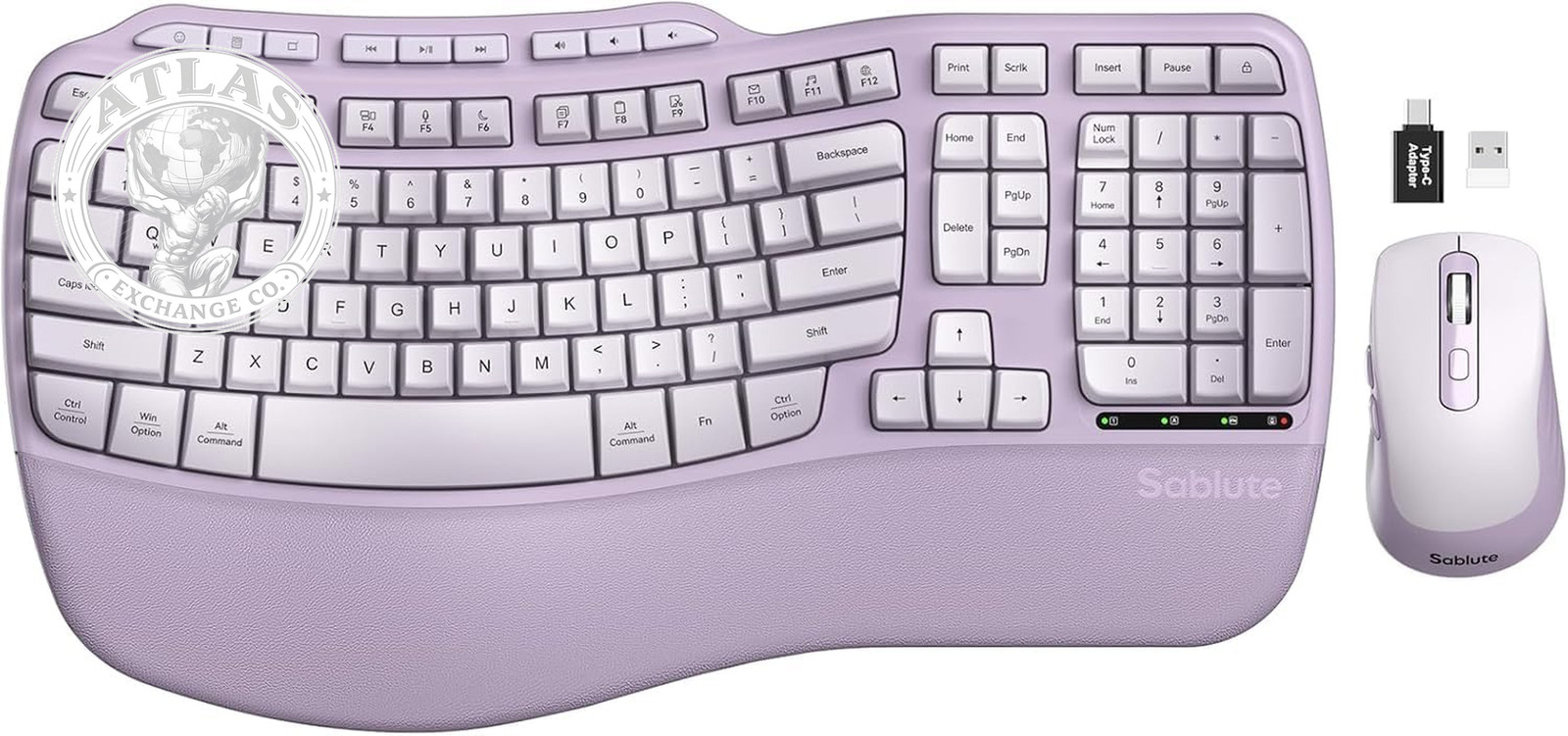 Purple Ergonomic Wireless Keyboard and Mouse Combo, Sablute 2.4G Full Size Ergo