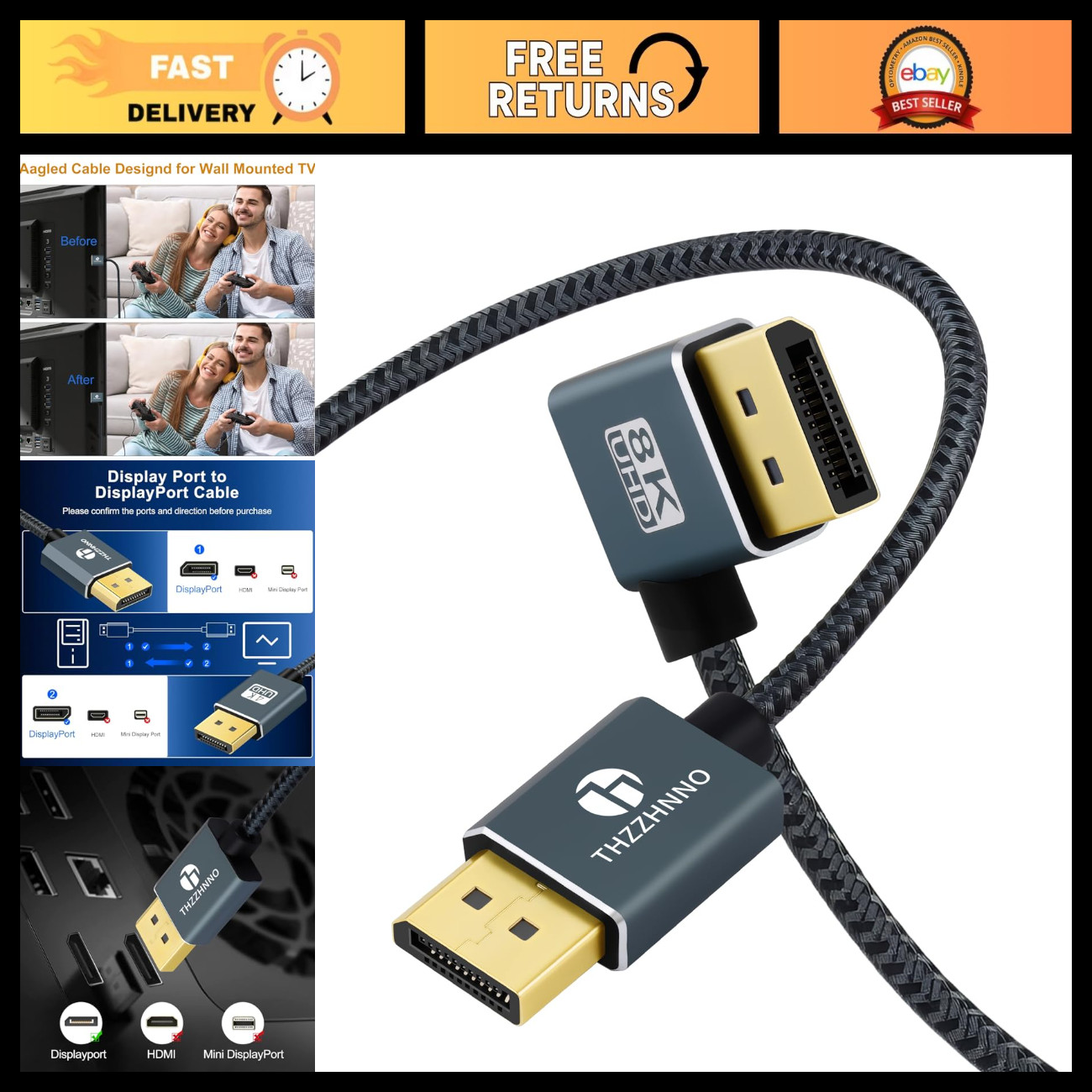 Right Angle DisplayPort 1.4 Cable 6.6FT - Supports 8K & 4K/60Hz for Gaming Monit