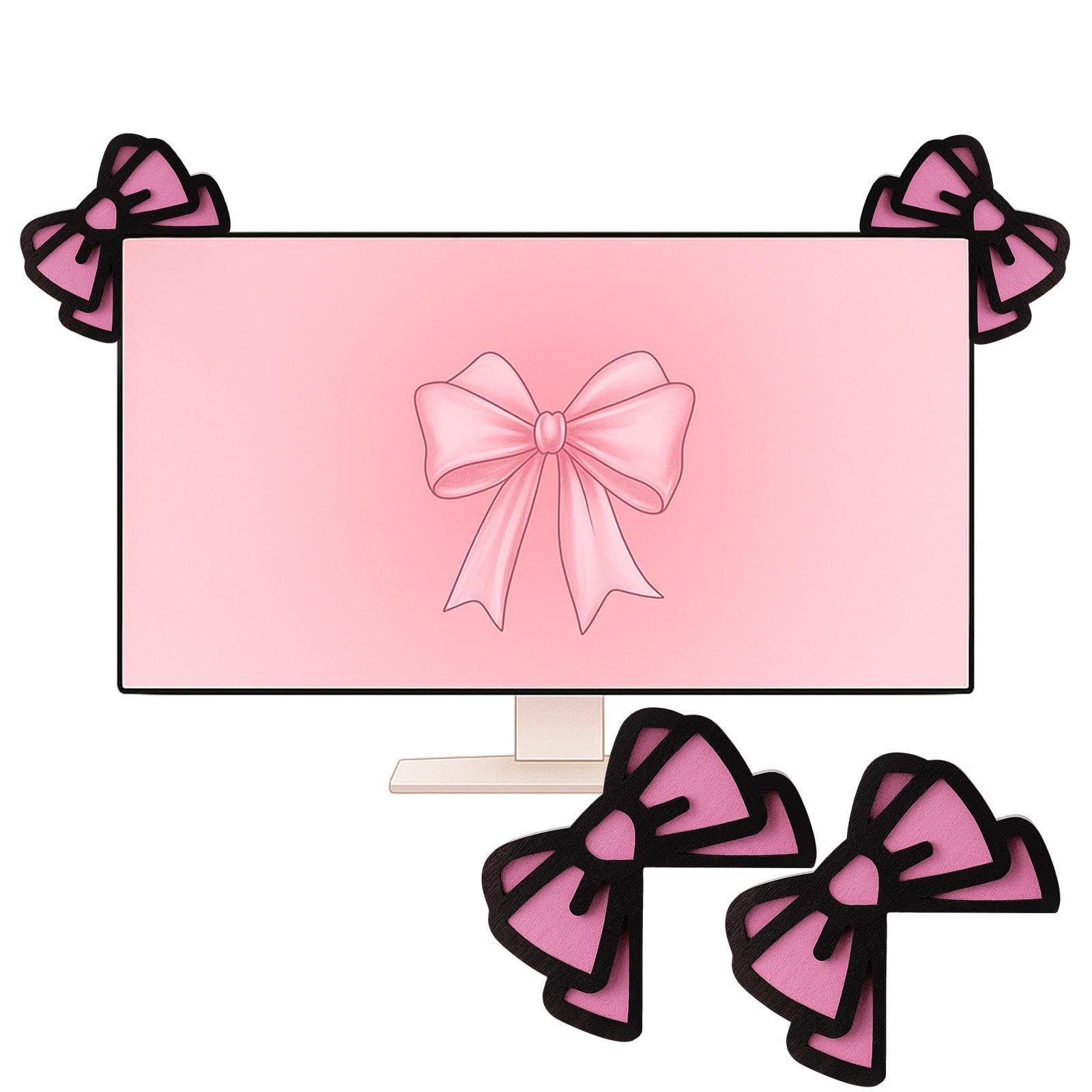 2 Pcs Pink Bow Computer Monitor Decor 3D Wood Cute Computer Decor Coquettish PC