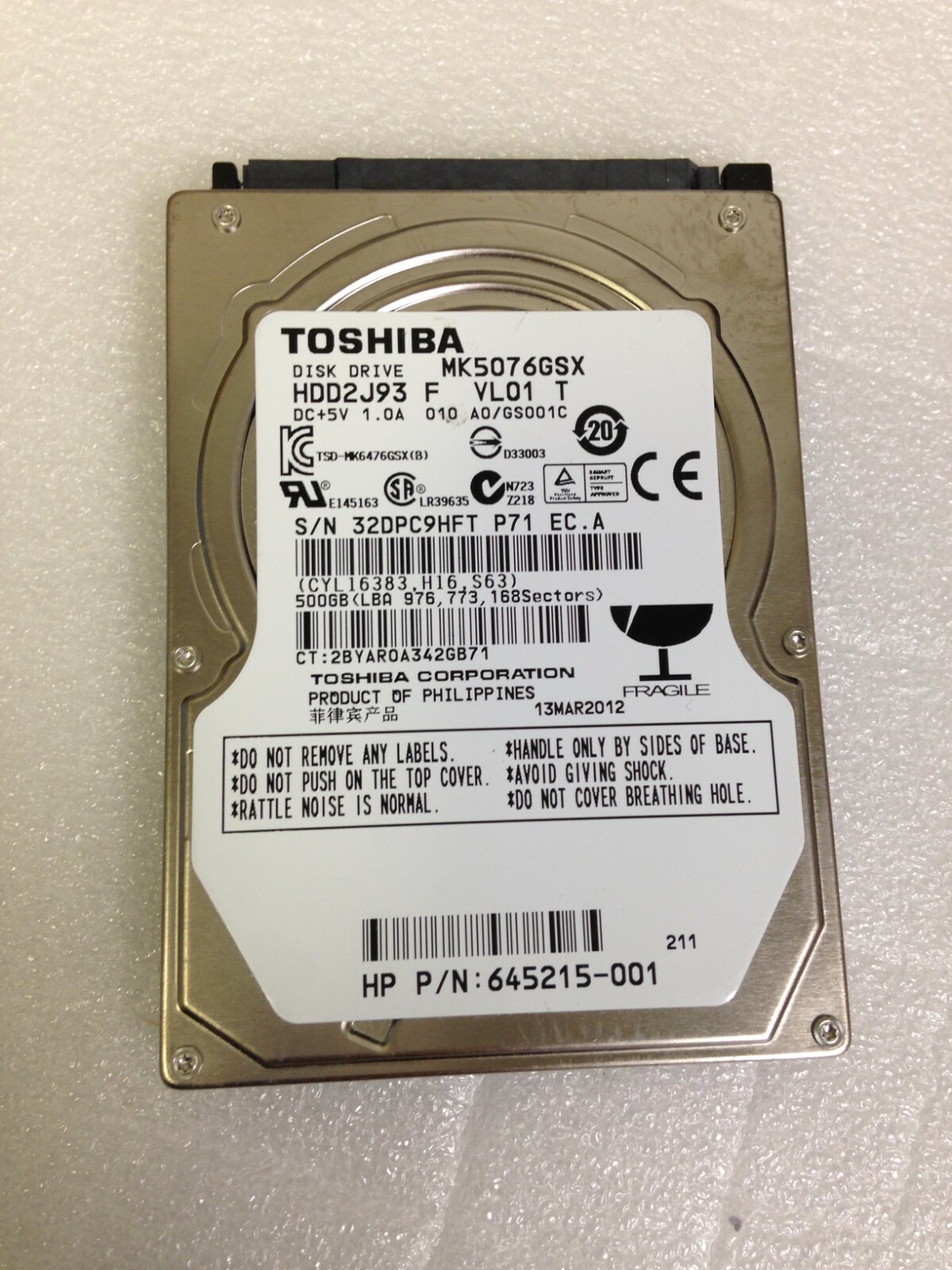 Toshiba MK5076GSX, A0/GS001C, HDD2J93 F VL01 T,  500GB SATA 2.5'' Laptop Drive 