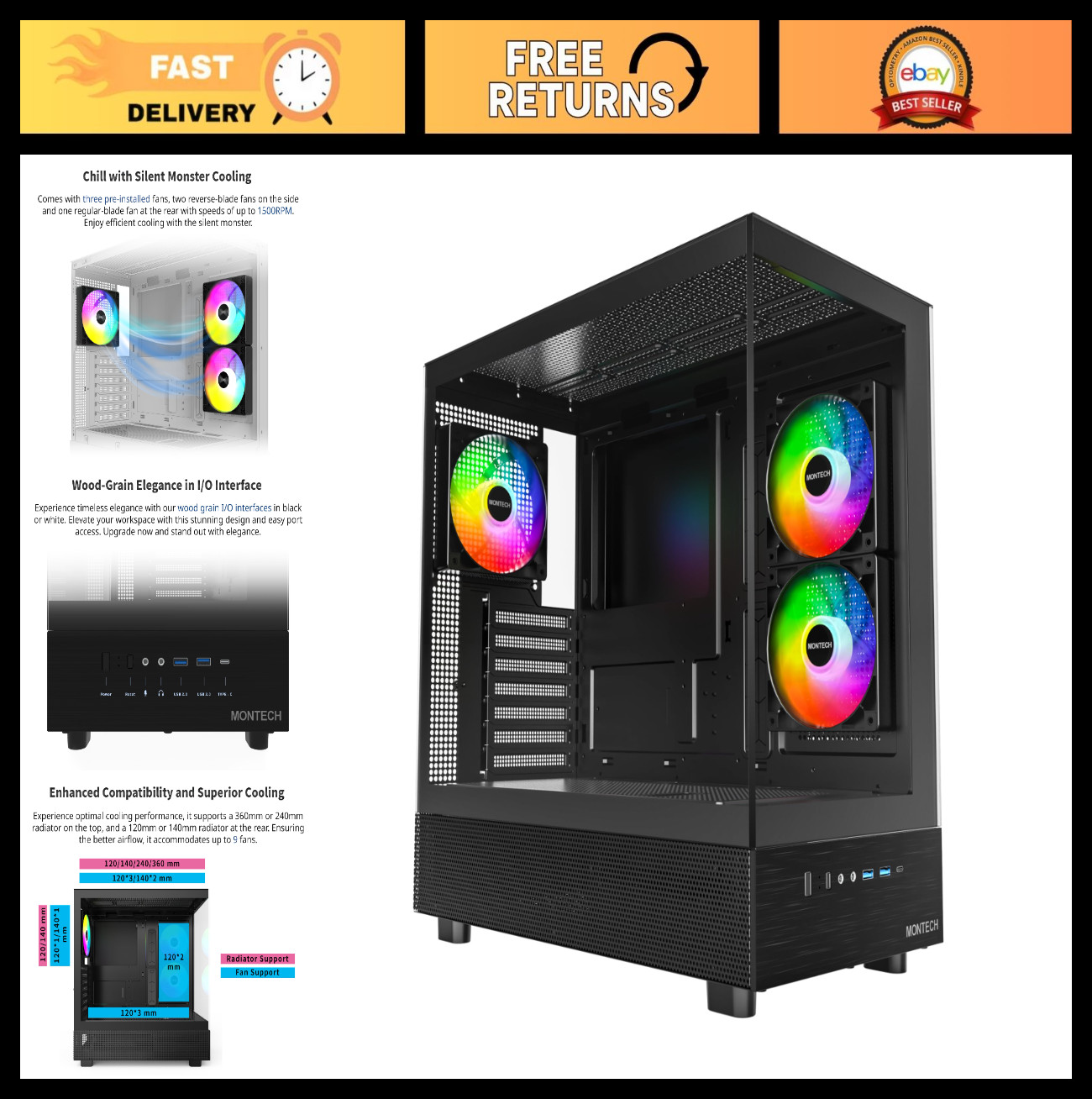 XR Panoramic High Airflow ATX PC Case, 3 ARGB PWM Fans, Black
