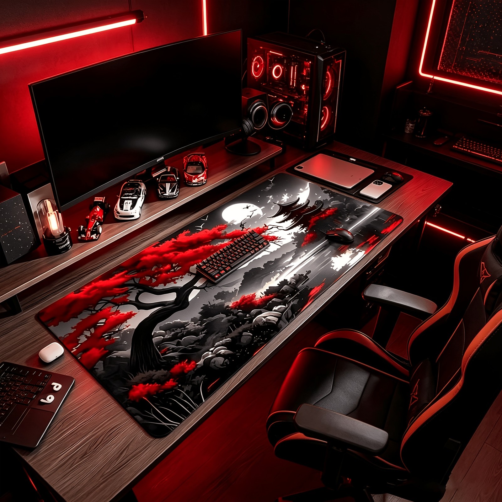 Extra Large Japanese Red Maple Temple Gaming Mouse Pad, Black White Moonlit Sc