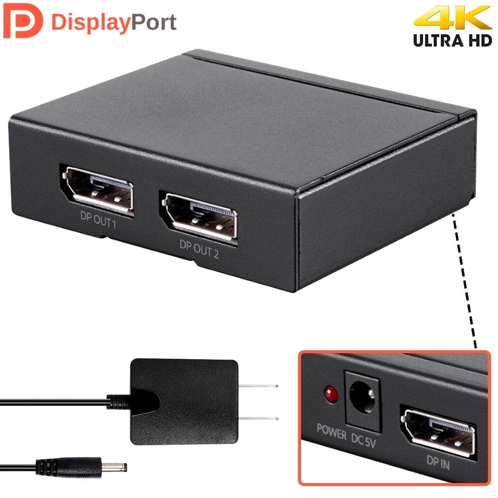1x2 1 In 2 Out DisplayPort 1.2a Splitter Video 4K 60Hz 21.6Gbps 3D MST HBR2 GTC