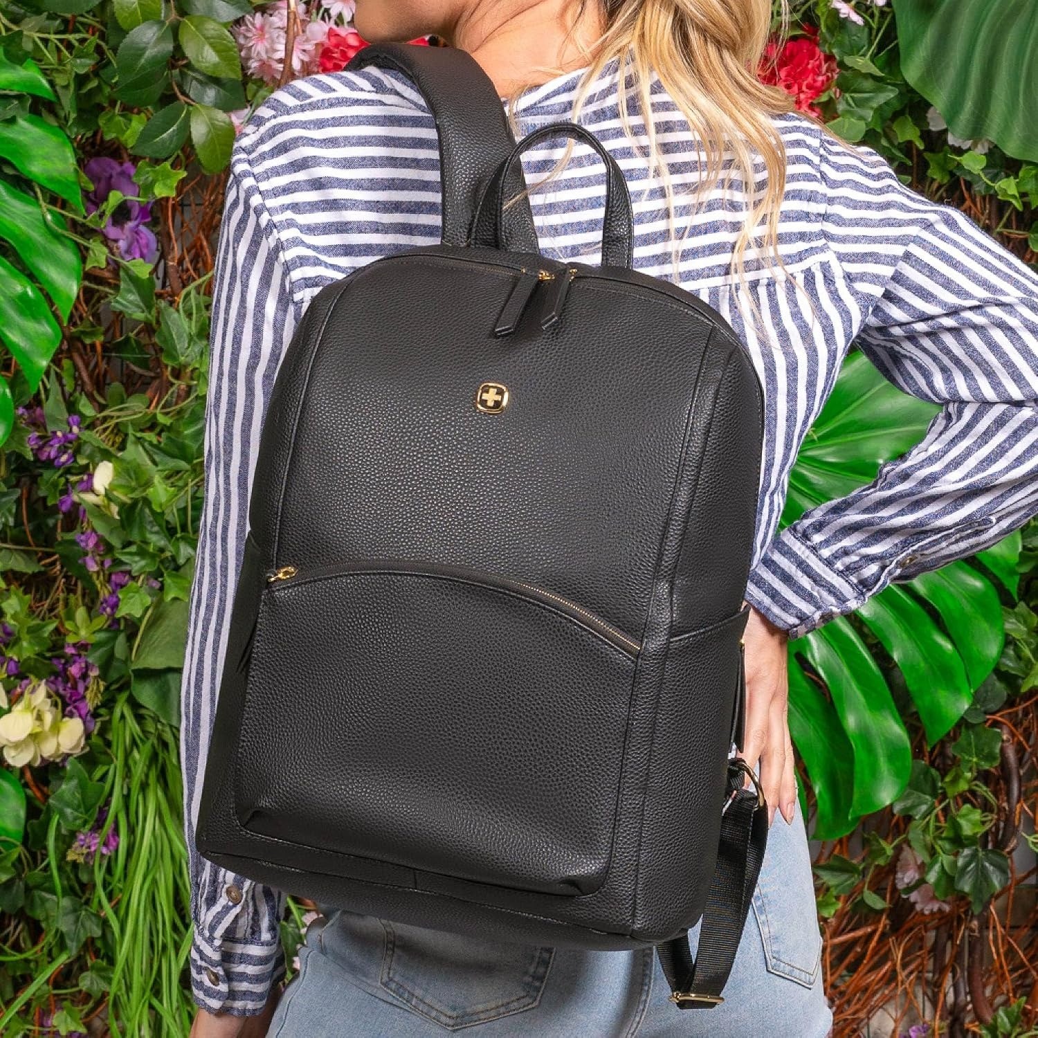 SwissGear Serenity Luxe Black Faux Leather Laptop Backpack - Small Fits 13"