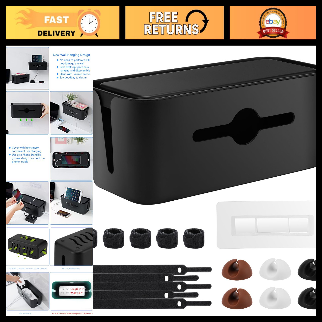 Cable Management Box - Cord Organizer for Home Office, Wire Hider, Black Storage