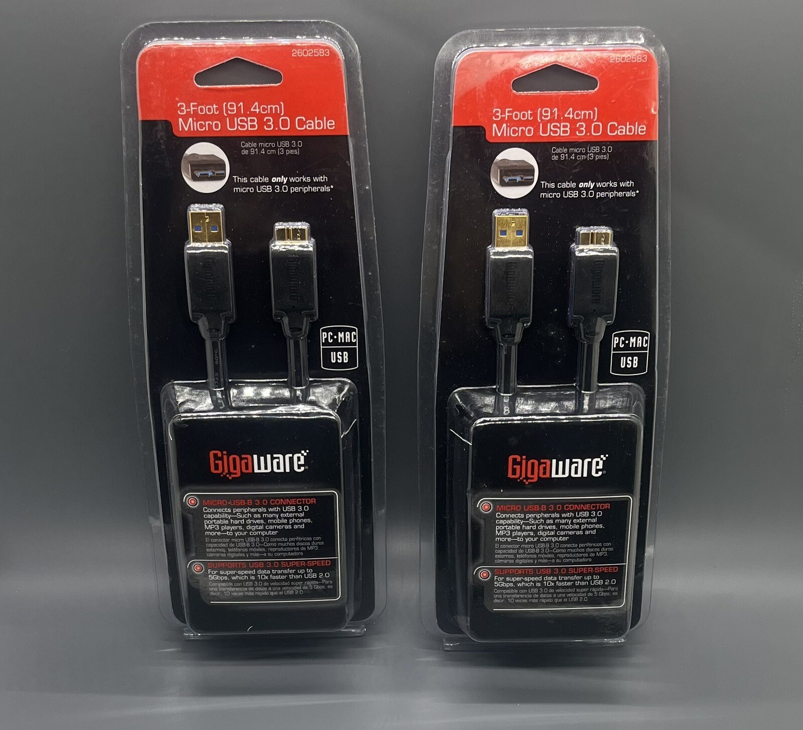 GIGAWARE 3-FOOT (91.4 cm) MICRO USB 3.0 CABLE PC or MAC-2602583 Lot of 2 New
