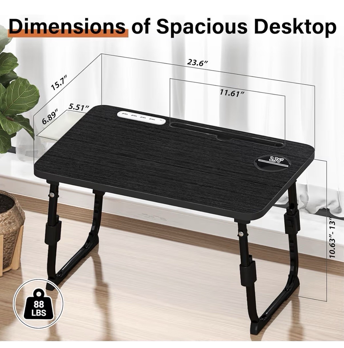 Lap Desk for Bed Adjustable Height USB Port 23.6"x15.7" Black Laptop Tray