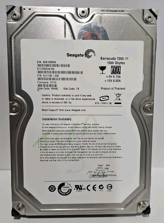 Seagate Barracuda 7200.11 1.5TB 7.2K RPM 3Gbps 3.5" SATA Hard Drive ST31500341AS