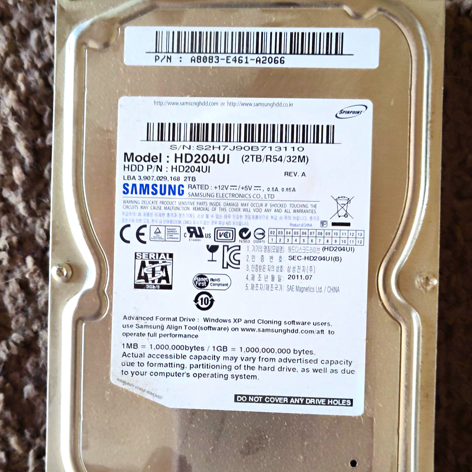 Samsung Spinpoint HD204UI 2TB 3.5" SATA Internal Desktop HDD 5400RPM 32MB