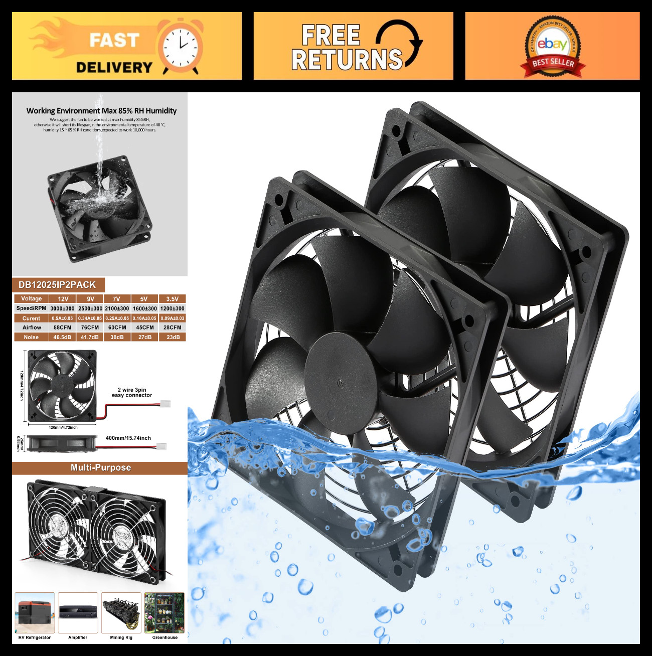 120mm Waterproof 12V Dual Ball Bearing Cooling Fan 3000RPM - 2 Pack, High Airflo