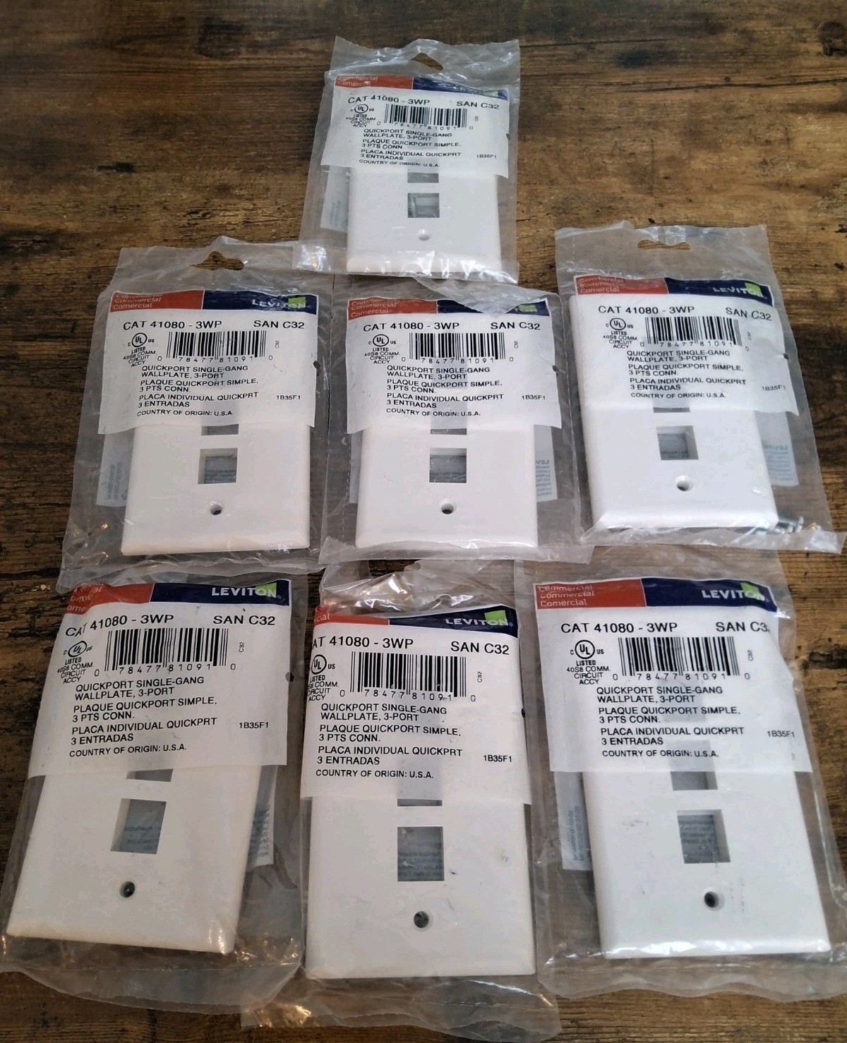 Lot Of 7 Leviton CAT 41080-3WP Quickport Single-Gang Wallplate 3 Port