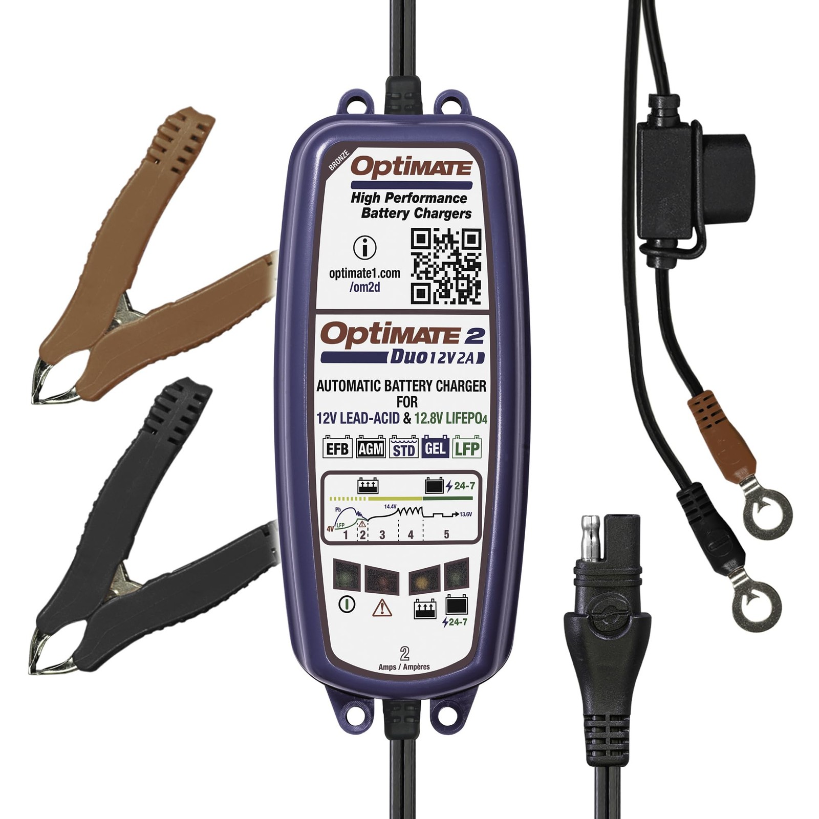 Tecmate Optimate 2 Duo TM-551 5-Step 12V/12.8V 2A Battery Charger Maintainer