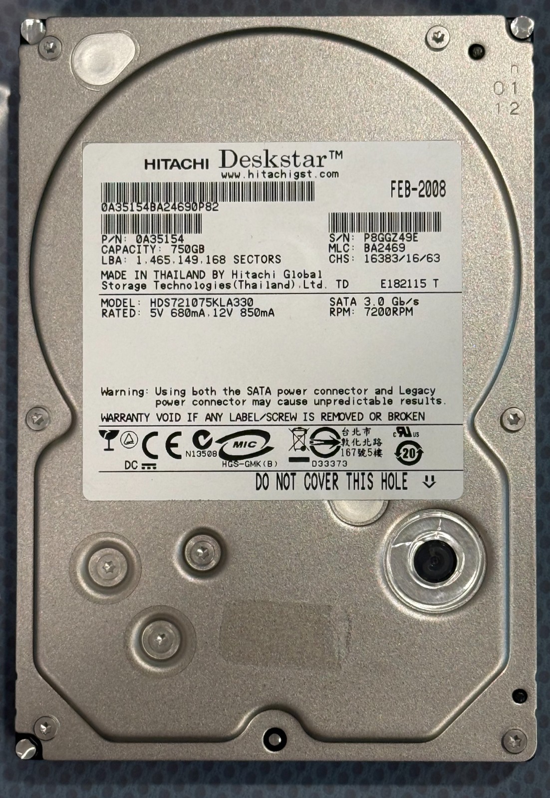 Hitachi 750GB 7200 3.5" SATA Hard Drive HDS721075KLA330 P/N 0A35154 TESTED 60D