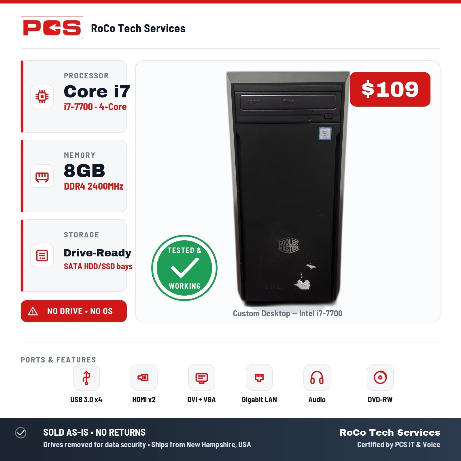 Cooler Master Custom Desktop PC Intel i7-7700 4Core 8GB DDR4 No HDD No OS DVD-RW
