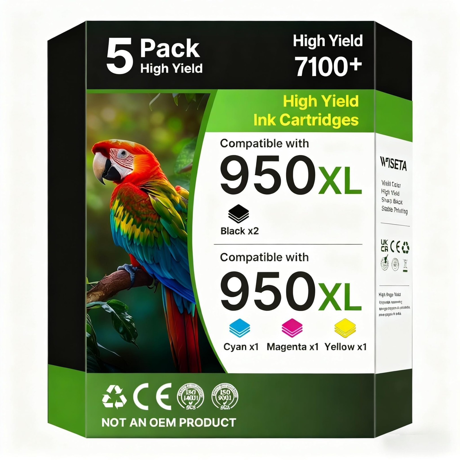 Wiseta 950XL 951XL Ink Cartridges 5-Pack 2 Black Cyan Magenta Yellow for HP